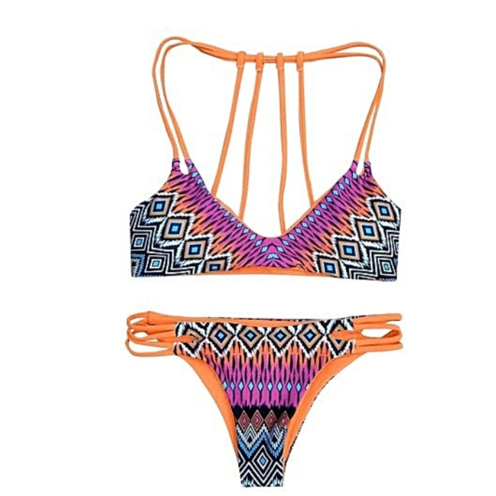 Ombre Geometric Pattern Strappy Bikini